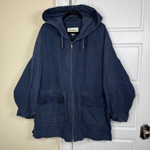 Eddie Bauer Hooded Jacket Womens XL Navy Blue Canvas Full Zip Utility Chore Coat
